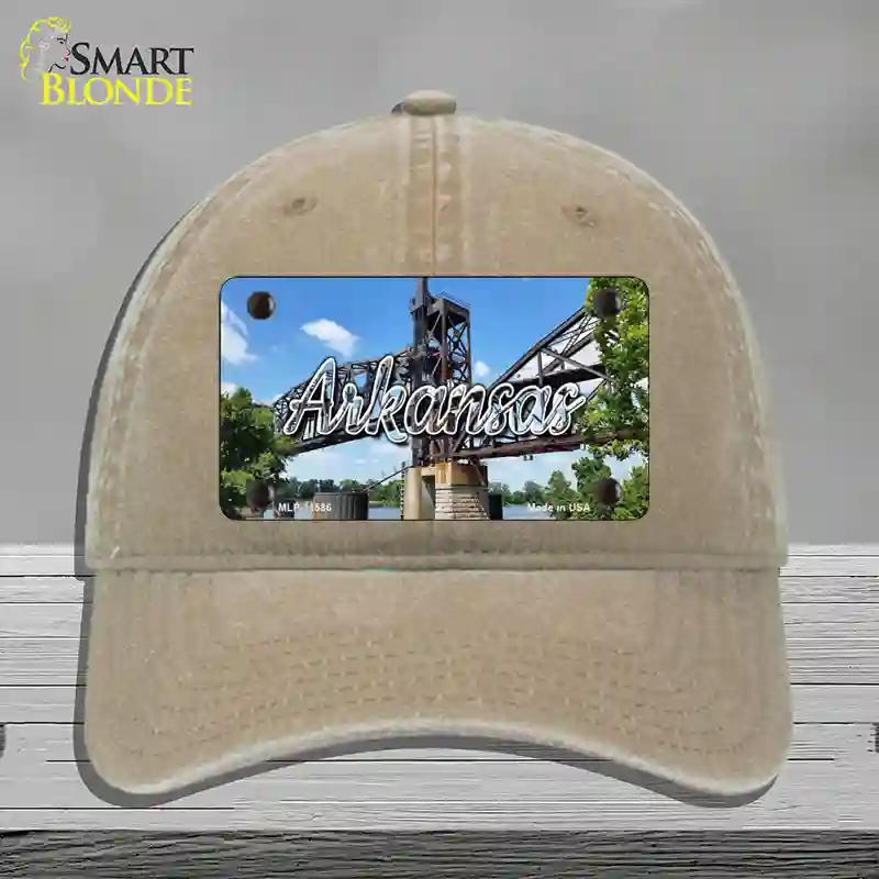 HAT09-MLP-11586 Arkansas Rusty Bridge State Novelty License Plate Hat, Unconstructed Cotton - Khaki
