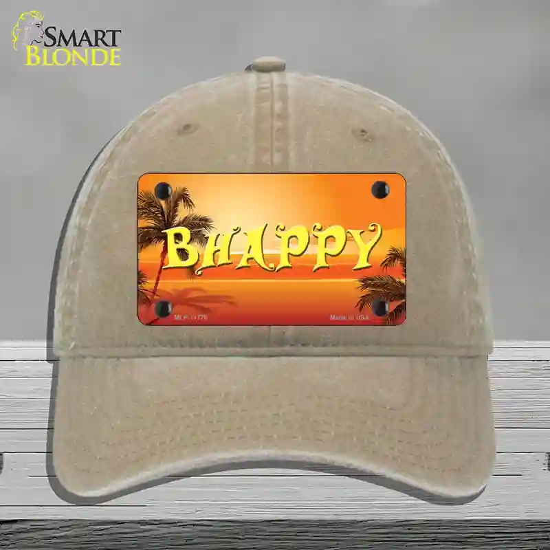 HAT09-MLP-11775 Be Happy Beach Scene Novelty License Plate Hat, Unconstructed Cotton - Khaki