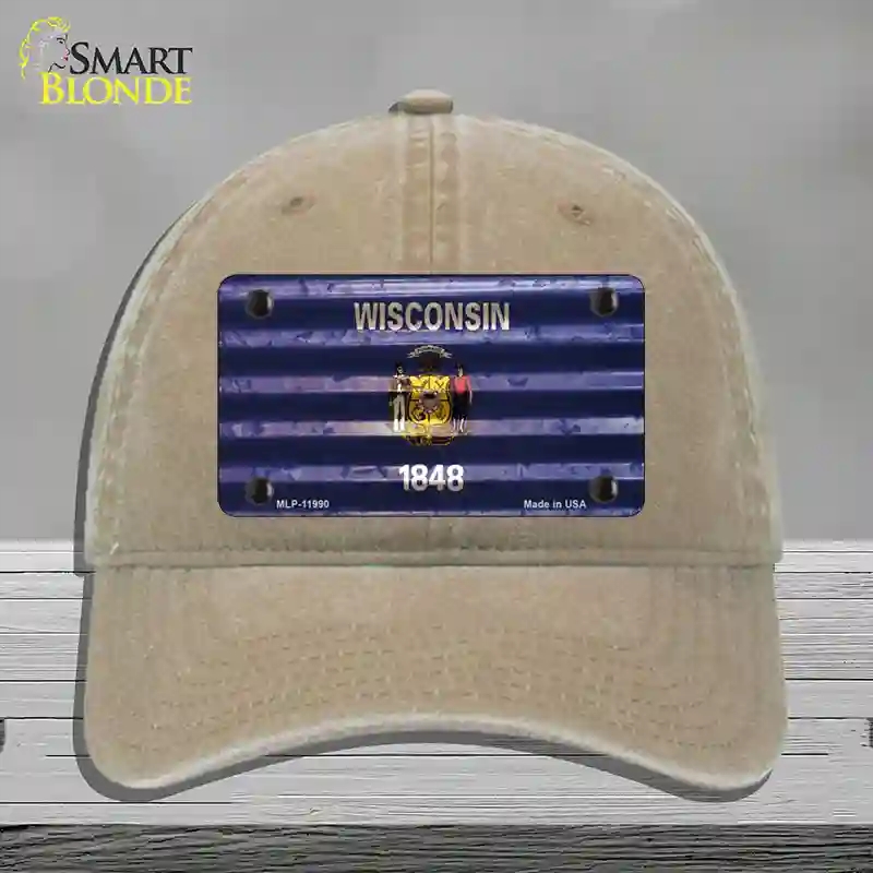 HAT09-MLP-11990 Wisconsin Corrugated Flag Novelty License Plate Hat, Unconstructed Cotton - Khaki