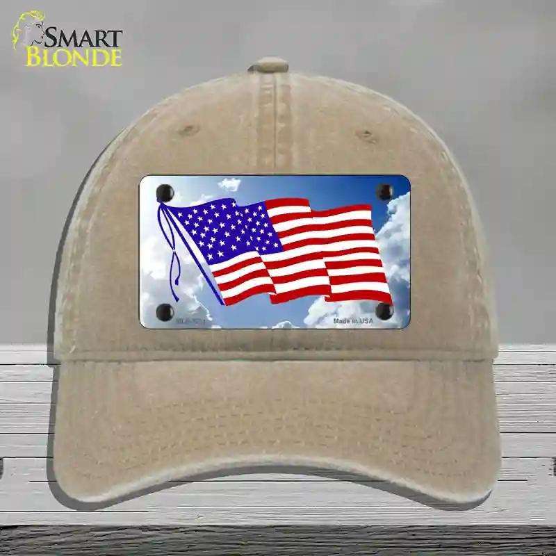 HAT09-MLP-1211 American Flag Cloud Novelty License Plate Hat, Unconstructed Cotton - Khaki