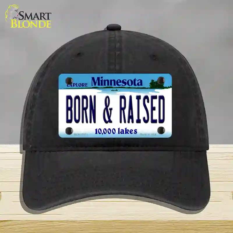 HAT07-MLP-11071 Born & Raised Minnesota State Novelty License Plate Hat, Unconstructed Cotton - Black