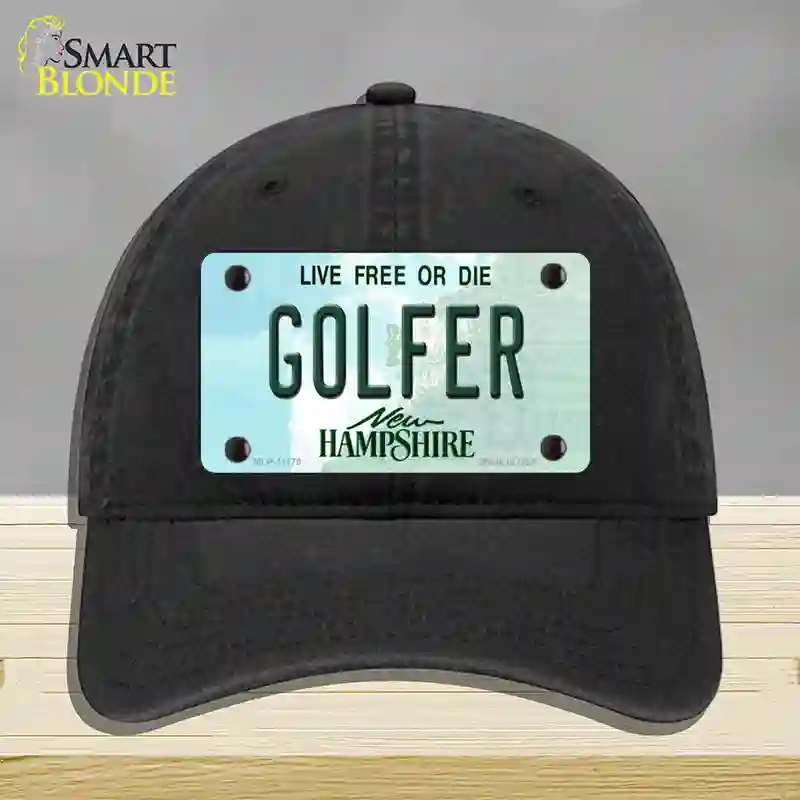 HAT07-MLP-11170 Golfer   Hampshire State Novelty License Plate Hat, Unconstructed Cotton - Black