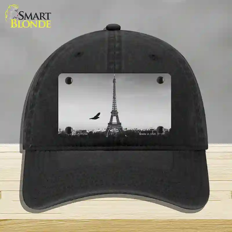 HAT07-MLP-11254 Eiffel Tower Black & White with Bird Novelty License Plate Hat, Unconstructed Cotton - Black