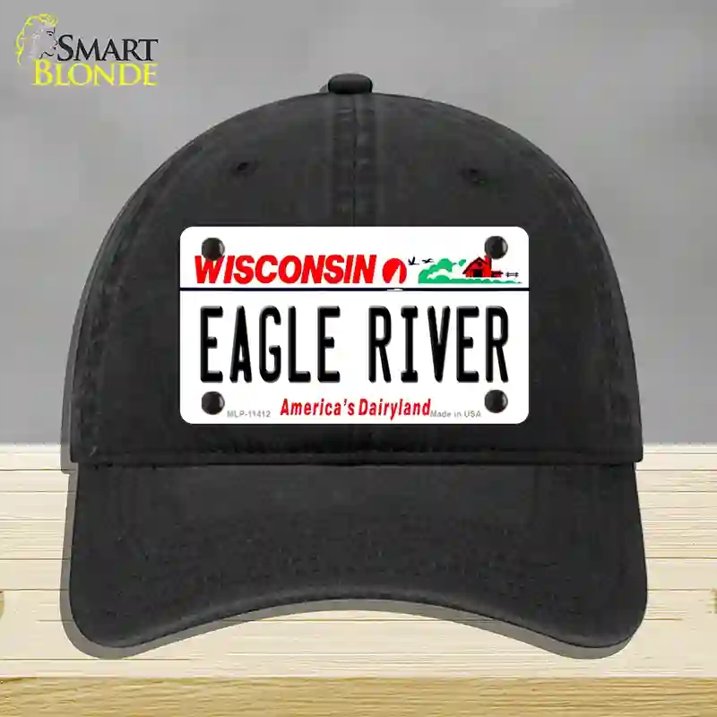 HAT07-MLP-11412 Eagle River Wisconsin Novelty License Plate Hat, Unconstructed Cotton - Black
