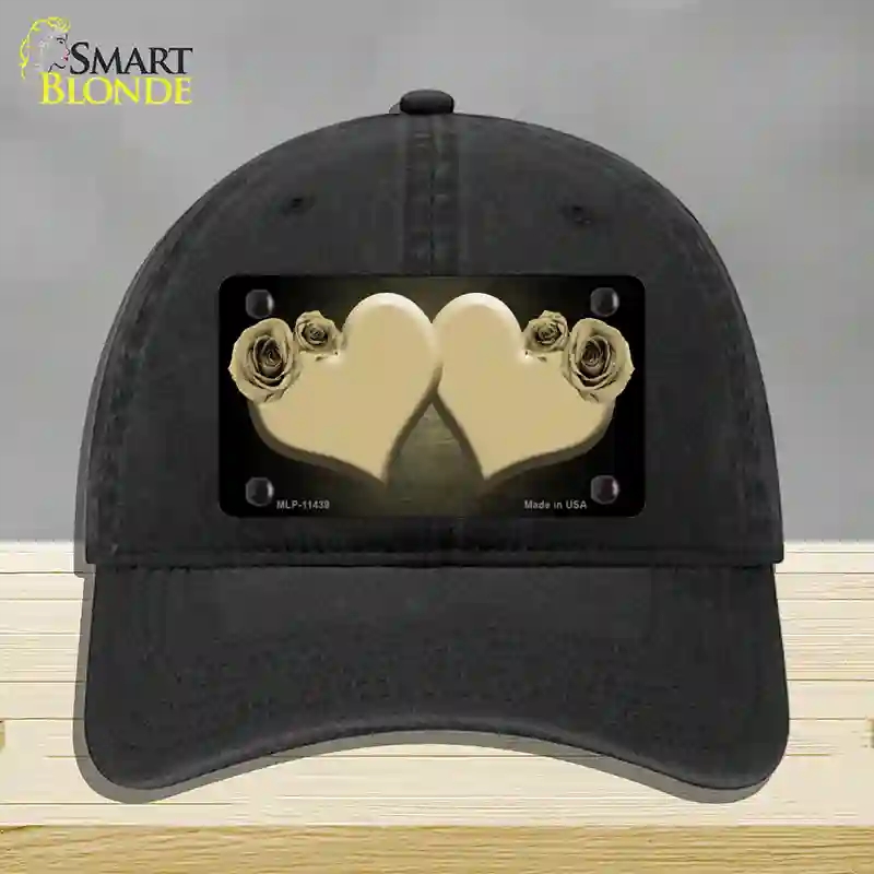 HAT07-MLP-11439 Hearts Over Roses in Gold Novelty License Plate Hat, Unconstructed Cotton - Black