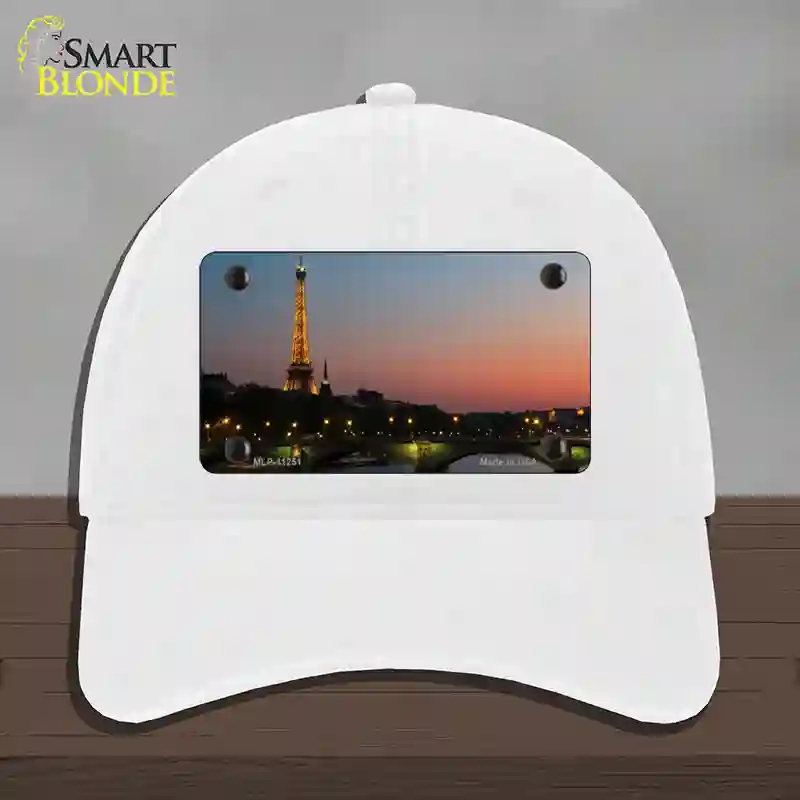 HAT14-MLP-11251 Eiffel Tower Night with River & Bridge Novelty License Plate Hat, Unconstructed Cotton - White