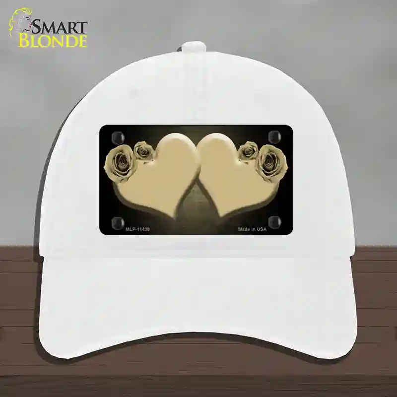 HAT14-MLP-11439 Hearts Over Roses in Gold Novelty License Plate Hat, Unconstructed Cotton - White