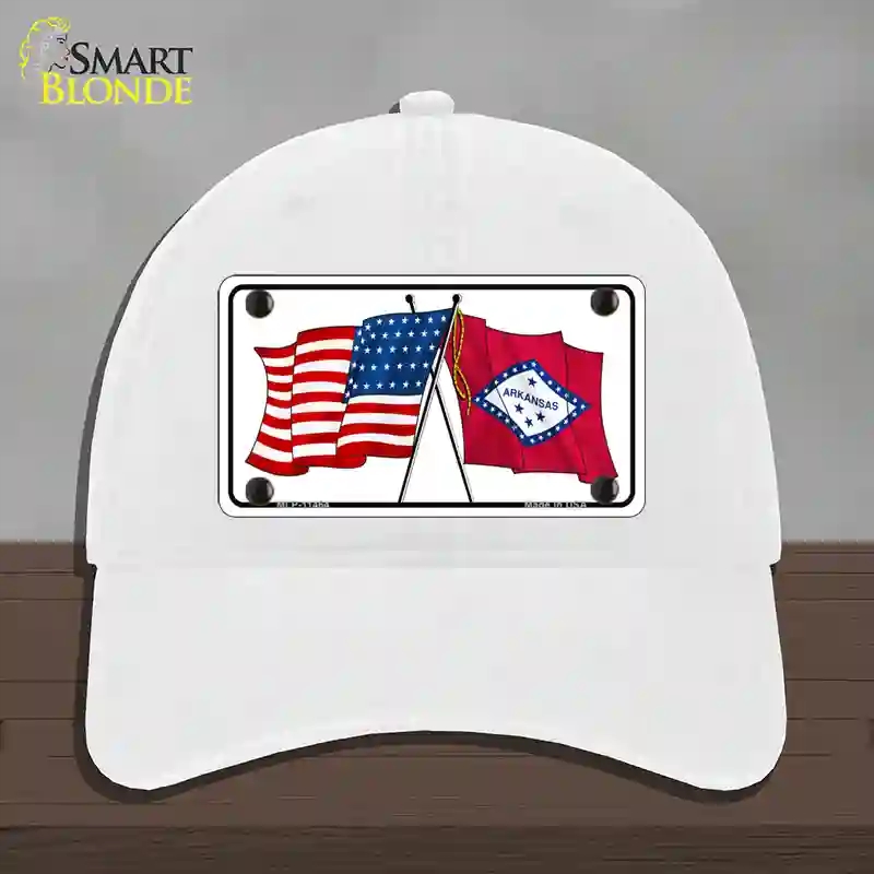 HAT14-MLP-11464 Arkansas Crossed US Flag Novelty License Plate Hat, Unconstructed Cotton - White