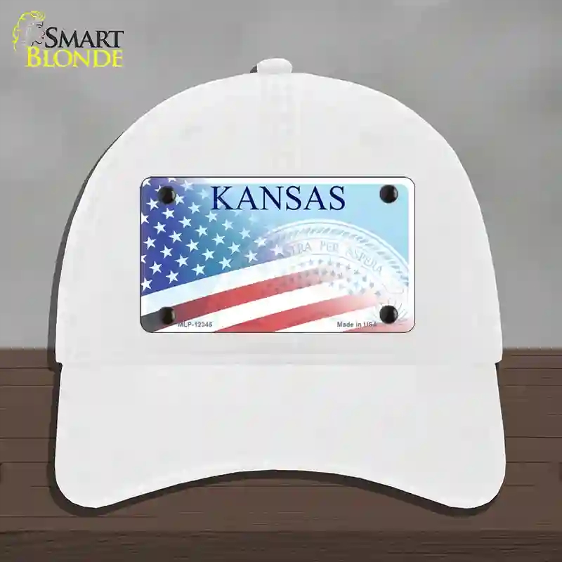 HAT14-MLP-12345 Kansas with American Flag Novelty License Plate Hat, Unconstructed Cotton - White