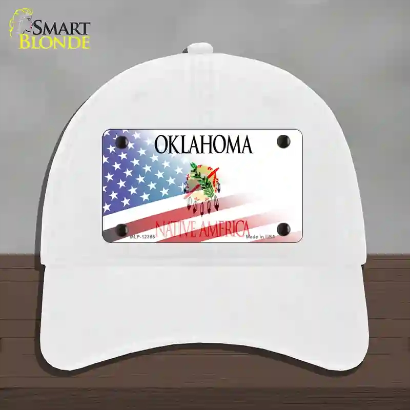 HAT14-MLP-12365 Oklahoma with American Flag Novelty License Plate Hat, Unconstructed Cotton - White