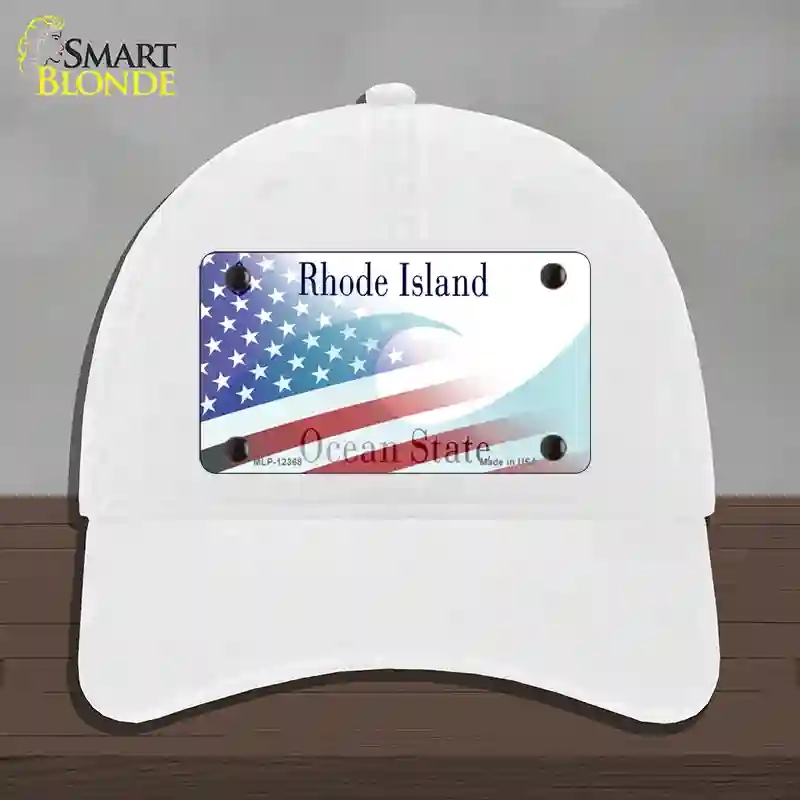 HAT14-MLP-12368 Rhode Island with American Flag Novelty License Plate Hat, Unconstructed Cotton - White
