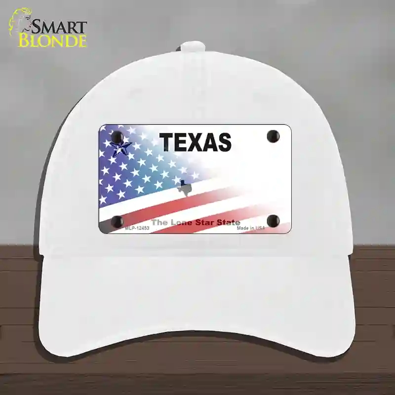 HAT14-MLP-12453 Texas White with American Flag Novelty License Plate Hat, Unconstructed Cotton - White