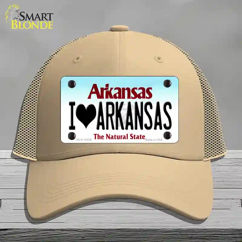 HAT15-MLP-10035 I Love Arkansas Novelty License Plate Hat, Mesh - Khaki