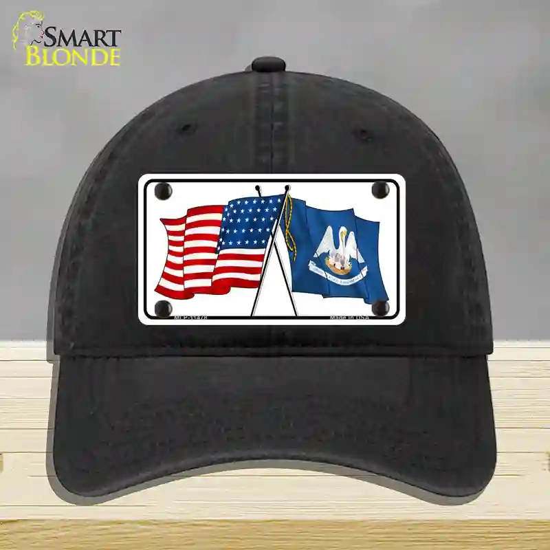 HAT07-MLP-11478 Louisiana Crossed US Flag Novelty License Plate Hat, Unconstructed Cotton - Black