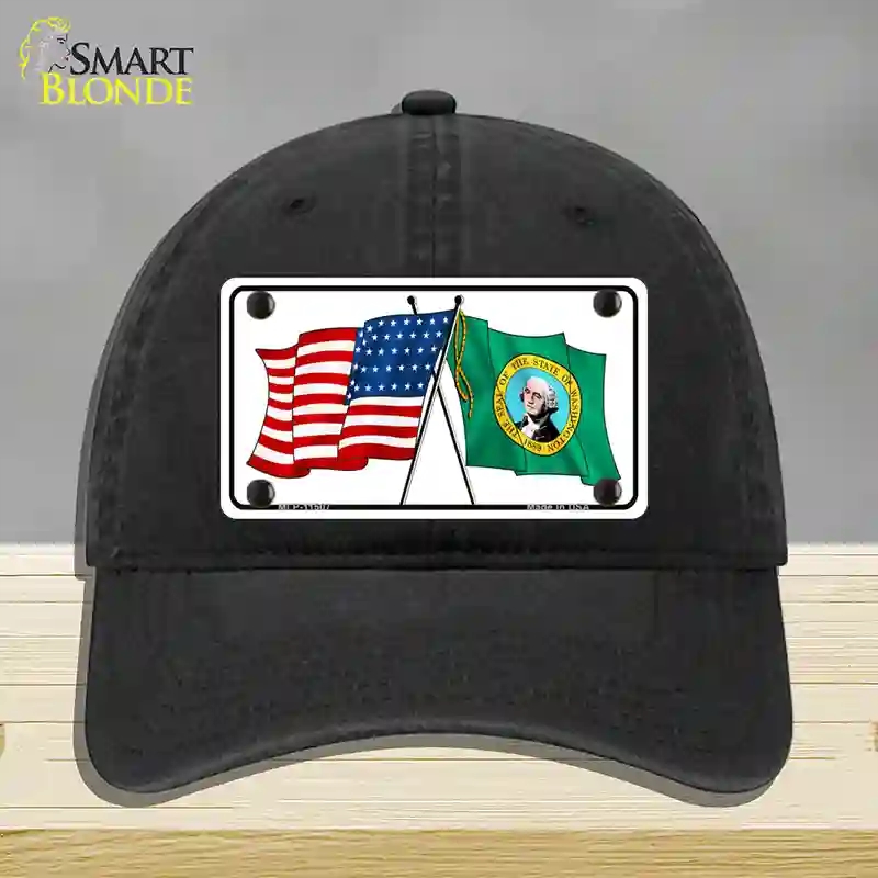 HAT07-MLP-11507 Washington Crossed US Flag Novelty License Plate Hat, Unconstructed Cotton - Black