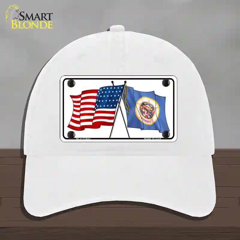 HAT14-MLP-11483 Minnesota Crossed US Flag Novelty License Plate Hat, Unconstructed Cotton - White