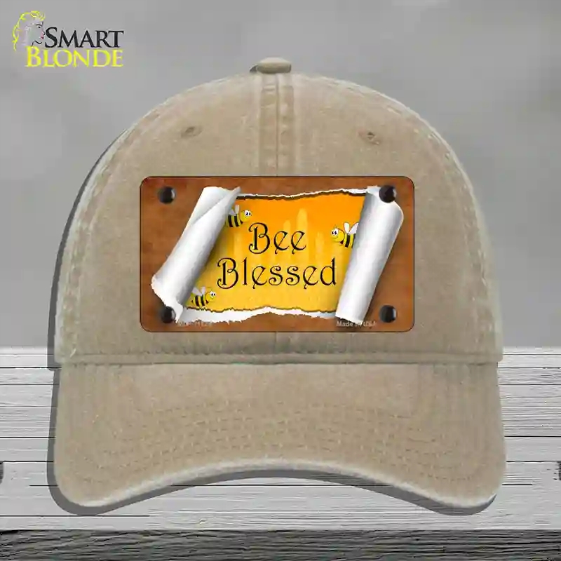 HAT09-MLP-11724 Bee Blessed Scroll Novelty License Plate Hat, Unconstructed Cotton - Khaki