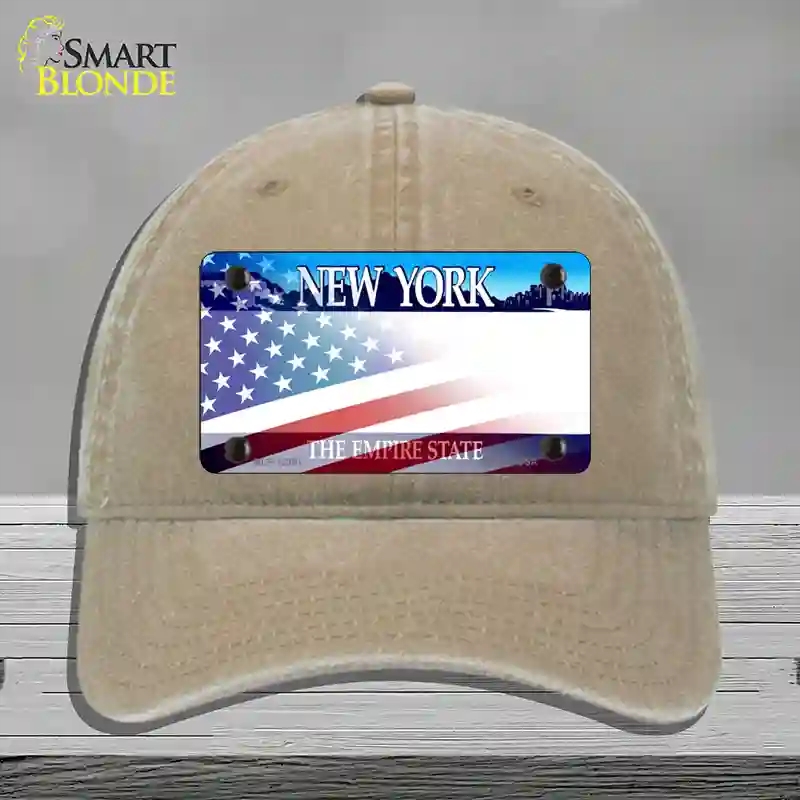 HAT09-MLP-12361   York with American Flag Novelty License Plate Hat, Unconstructed Cotton - Khaki