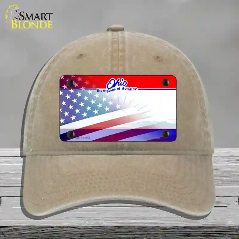 HAT09-MLP-12364 Ohio with American Flag Novelty License Plate Hat, Unconstructed Cotton - Khaki