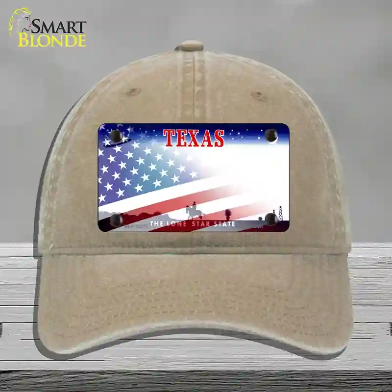 HAT09-MLP-12372 Texas with American Flag Novelty License Plate Hat, Unconstructed Cotton - Khaki