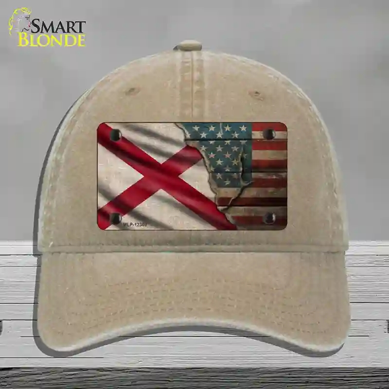 HAT09-MLP-12380 Alabama & American Flag Novelty License Plate Hat, Unconstructed Cotton - Khaki