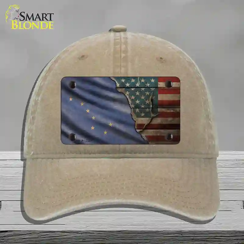 HAT09-MLP-12381 Alaska & American Flag Novelty License Plate Hat, Unconstructed Cotton - Khaki