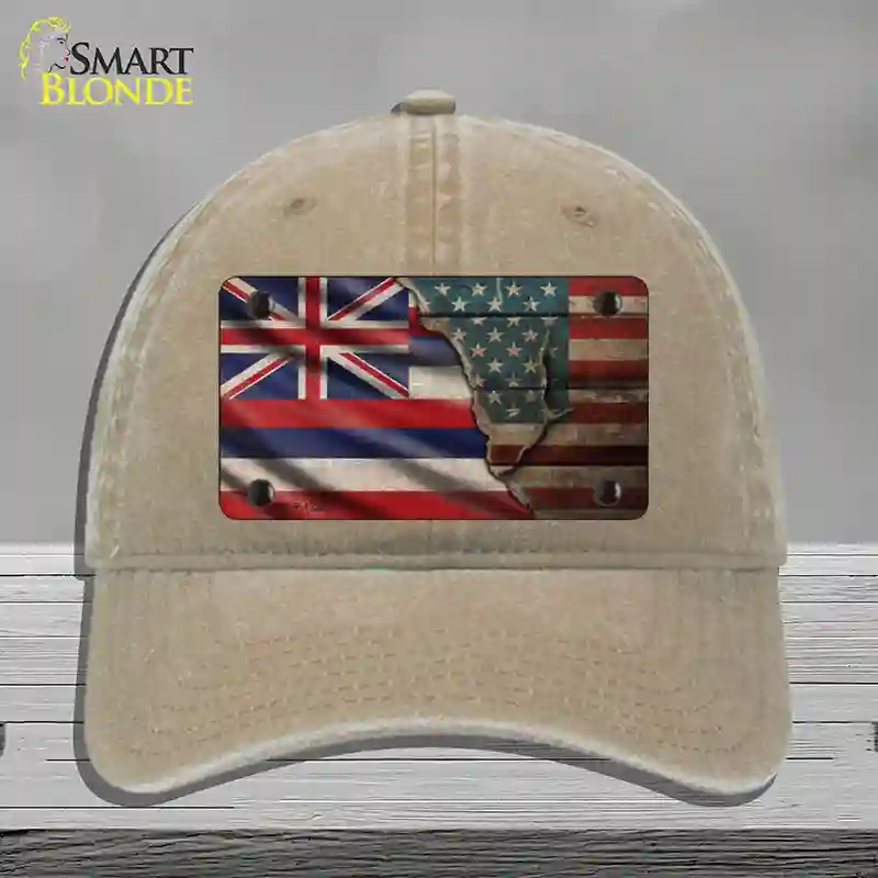 HAT09-MLP-12390 Hawaii & American Flag Novelty License Plate Hat, Unconstructed Cotton - Khaki