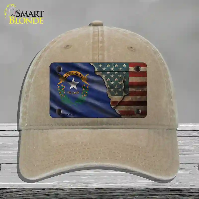 HAT09-MLP-12407 Nevada & American Flag Novelty License Plate Hat, Unconstructed Cotton - Khaki