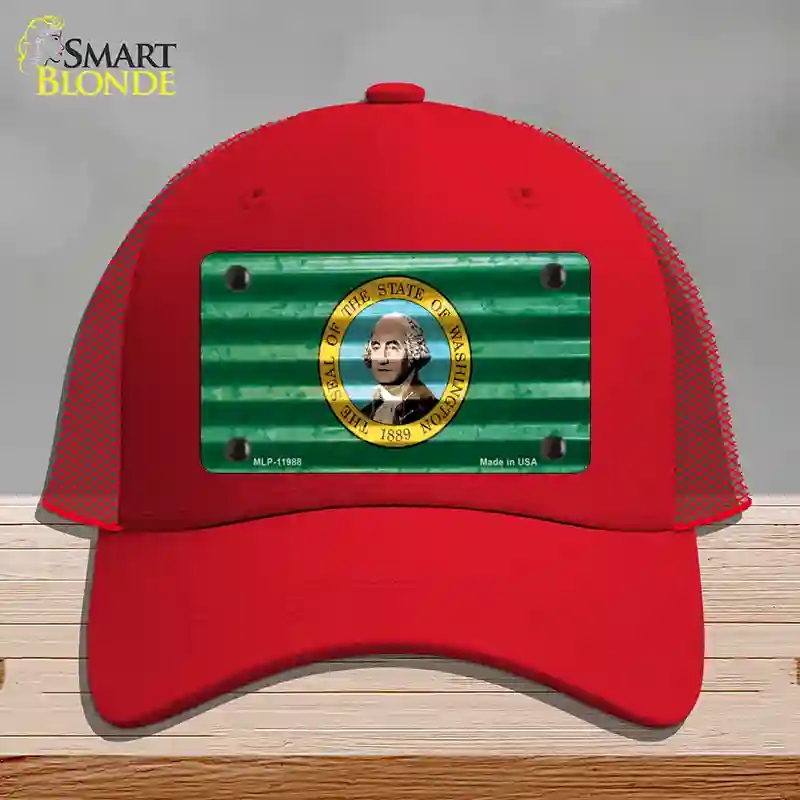HAT17-MLP-11988 Washington Corrugated Flag Novelty License Plate Hat, Mesh - Red