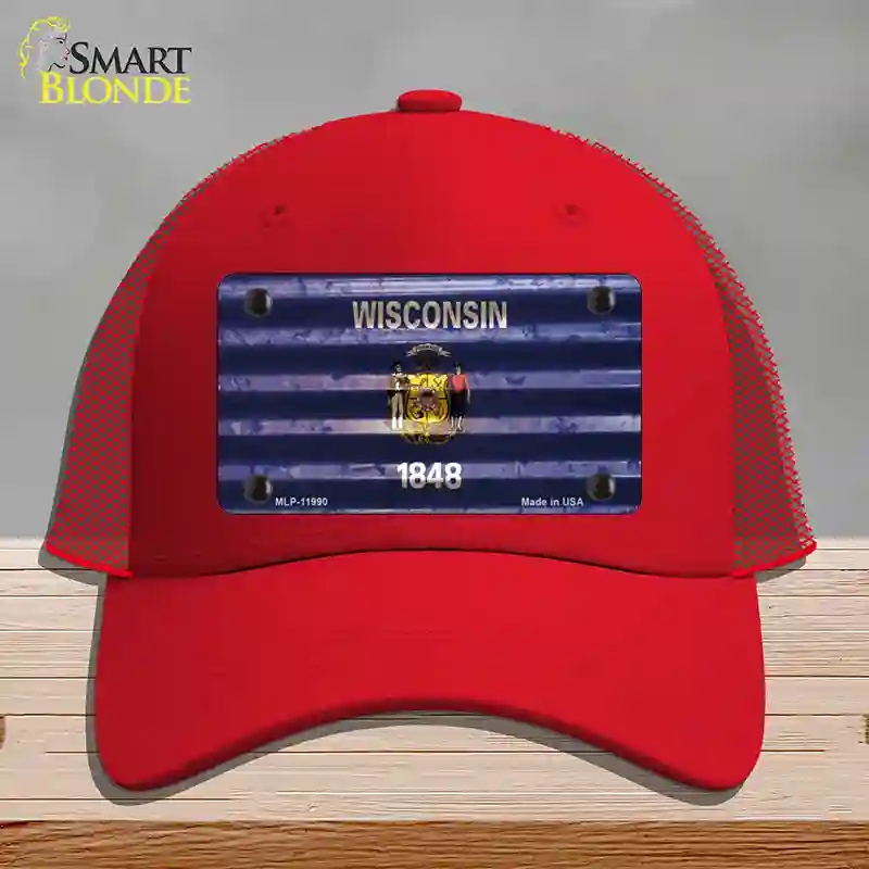 HAT17-MLP-11990 Wisconsin Corrugated Flag Novelty License Plate Hat, Mesh - Red