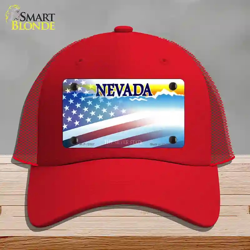 HAT17-MLP-12357 Nevada with American Flag Novelty License Plate Hat, Mesh - Red