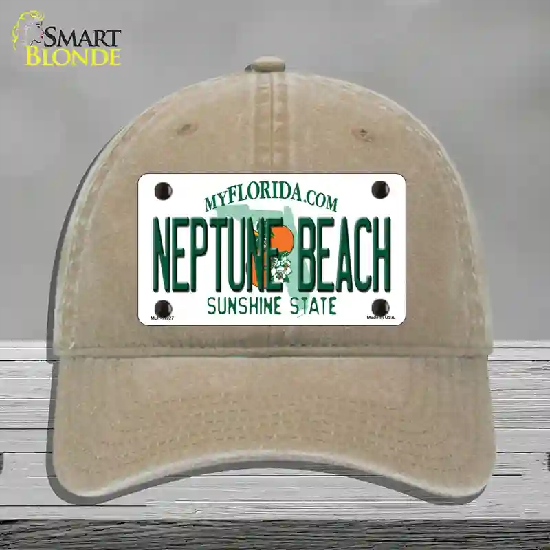 HAT09-MLP-11927 Florida Neptune Beach Novelty License Plate Hat, Unconstructed Cotton - Khaki
