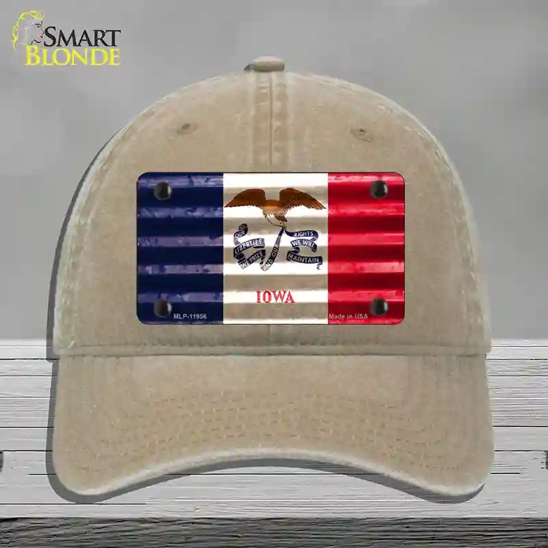 HAT09-MLP-11956 Iowa Corrugated Flag Novelty License Plate Hat, Unconstructed Cotton - Khaki