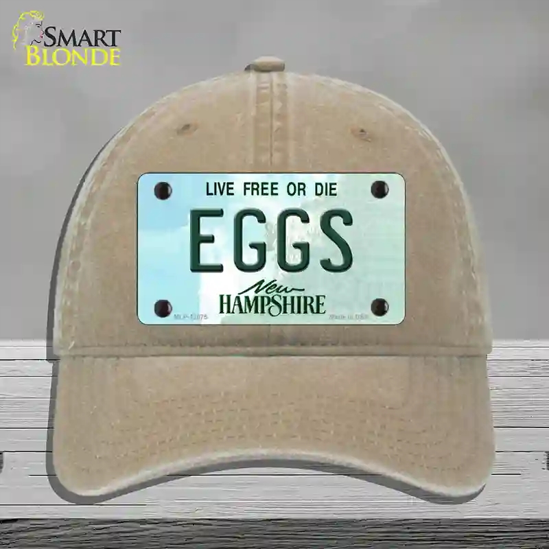 HAT09-MLP-12075 Eggs   Hampshire State Novelty License Plate Hat, Unconstructed Cotton - Khaki