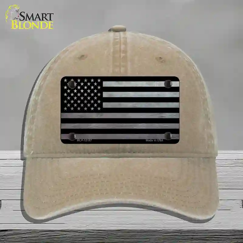 HAT09-MLP-12187 American Flag Black & Gray Novelty License Plate Hat, Unconstructed Cotton - Khaki