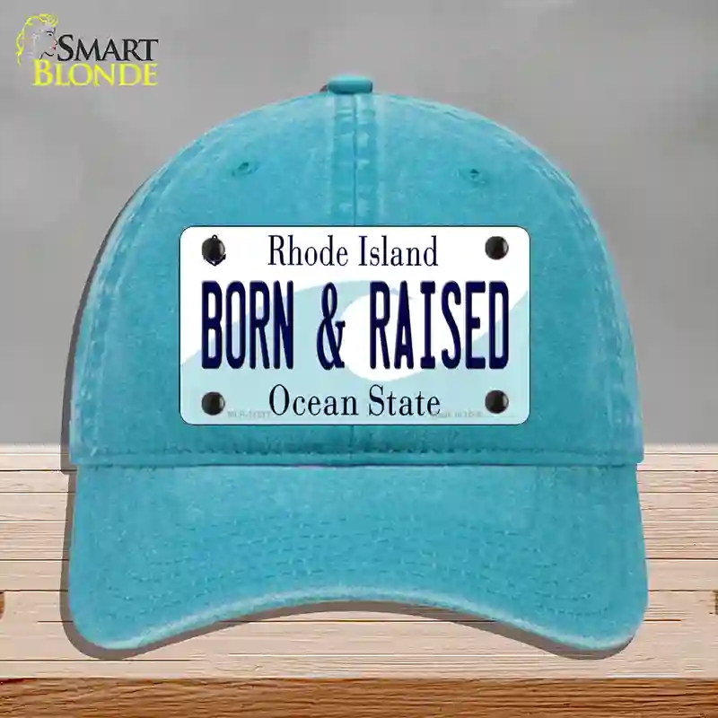 HAT10-MLP-11217 Born & Raised Rhode Island State Novelty License Plate Hat, Unconstructed Cotton - Lake Blue