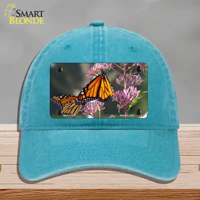 HAT10-MLP-11234 Butterfly Monarch on Flower Novelty License Plate Hat, Unconstructed Cotton - Lake Blue