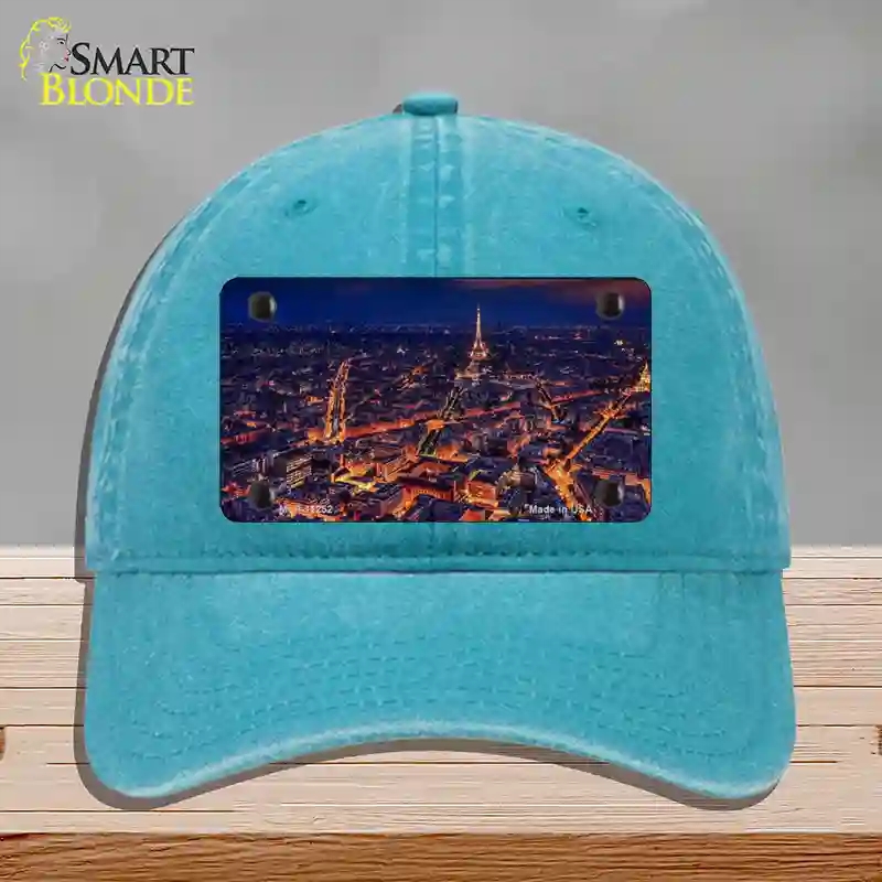 HAT10-MLP-11252 Paris At Night Eiffel Tower in Center Novelty License Plate Hat, Unconstructed Cotton - Lake Blue