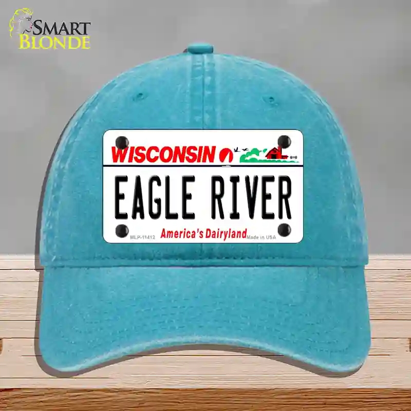 HAT10-MLP-11412 Eagle River Wisconsin Novelty License Plate Hat, Unconstructed Cotton - Lake Blue