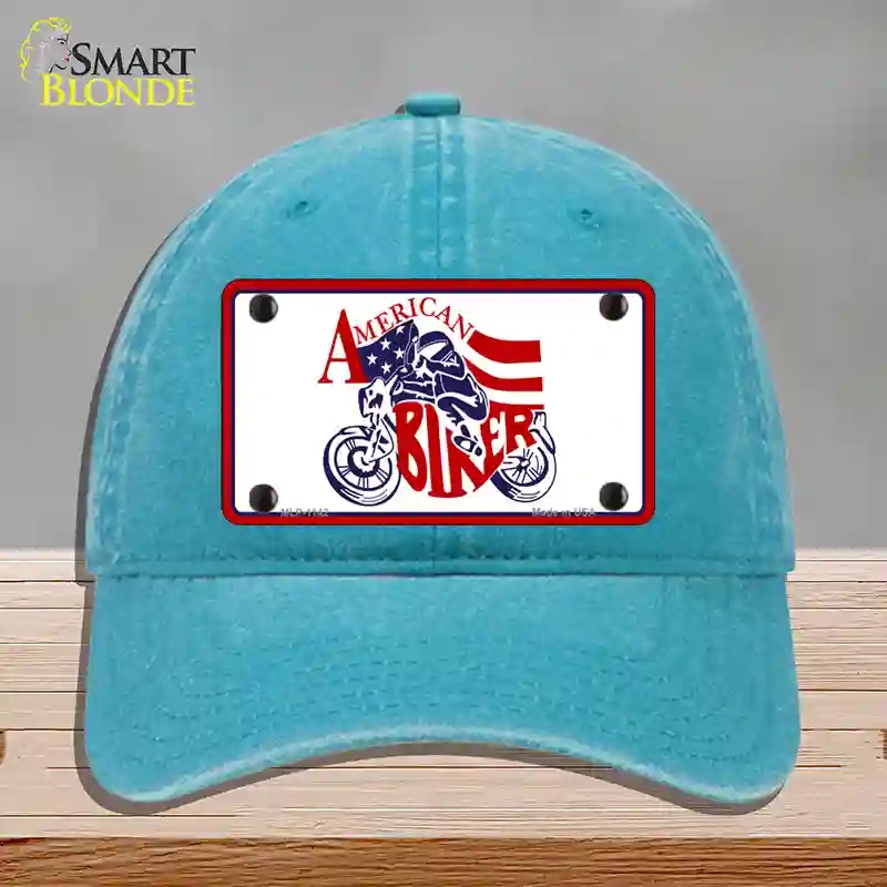 HAT10-MLP-1142 American Patriotic Biker Novelty License Plate Hat, Unconstructed Cotton - Lake Blue