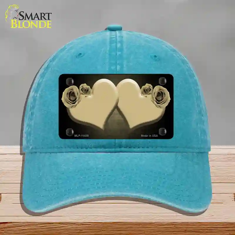 HAT10-MLP-11439 Hearts Over Roses in Gold Novelty License Plate Hat, Unconstructed Cotton - Lake Blue