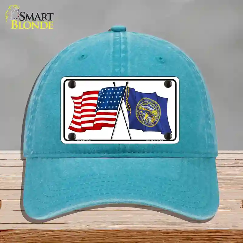 HAT10-MLP-11487 Nebraska Crossed US Flag Novelty License Plate Hat, Unconstructed Cotton - Lake Blue