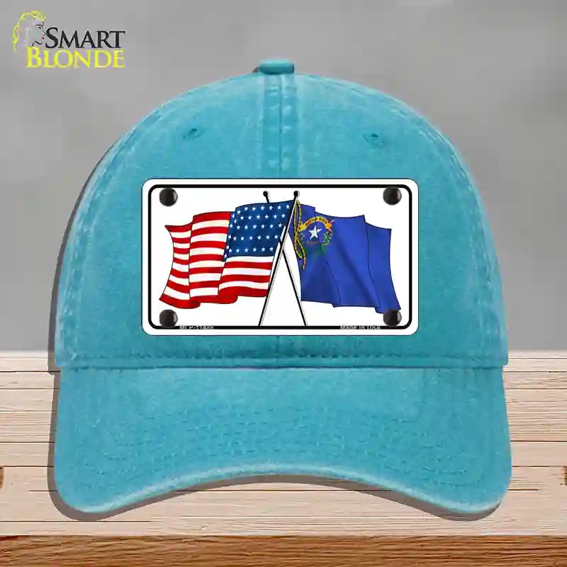 HAT10-MLP-11488 Nevada Crossed US Flag Novelty License Plate Hat, Unconstructed Cotton - Lake Blue