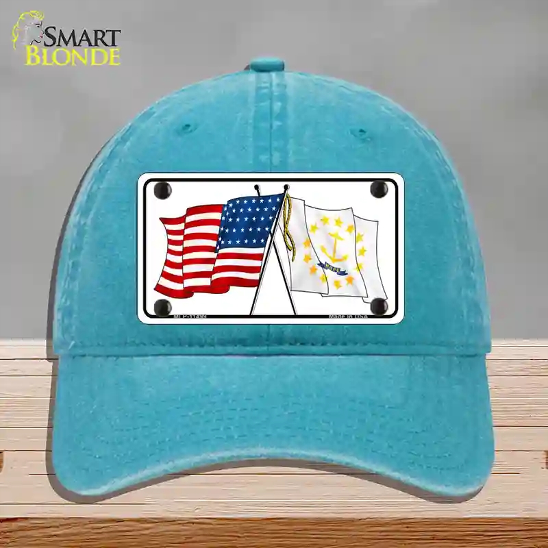 HAT10-MLP-11499 Rhode Island Crossed US Flag Novelty License Plate Hat, Unconstructed Cotton - Lake Blue