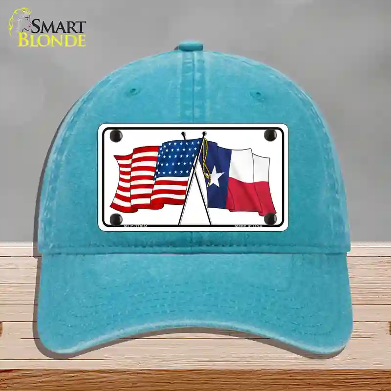 HAT10-MLP-11503 Texas Crossed US Flag Novelty License Plate Hat, Unconstructed Cotton - Lake Blue
