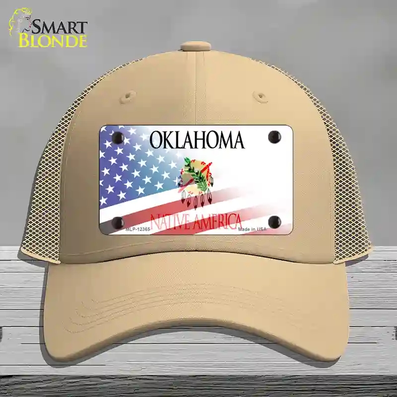HAT15-MLP-12365 Oklahoma with American Flag Novelty License Plate Hat, Mesh - Khaki