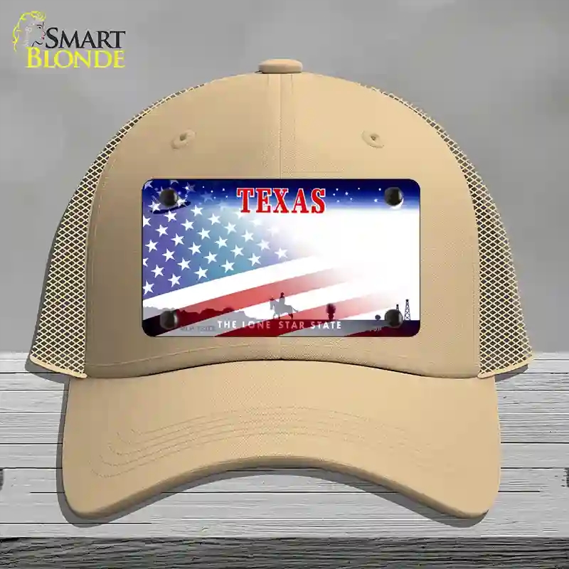 HAT15-MLP-12372 Texas with American Flag Novelty License Plate Hat, Mesh - Khaki