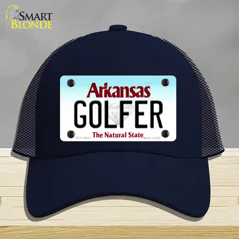 HAT16-MLP-10057 Golfer Arkansas Novelty License Plate Hat, Mesh - Navy
