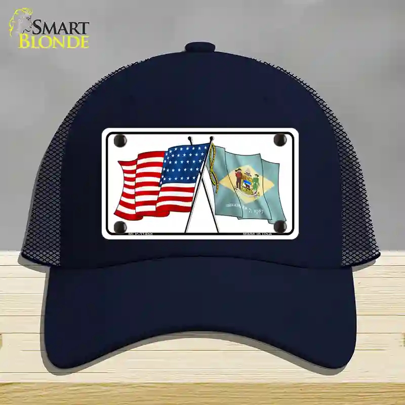 HAT16-MLP-11468 Delaware Crossed US Flag Novelty License Plate Hat, Mesh - Navy