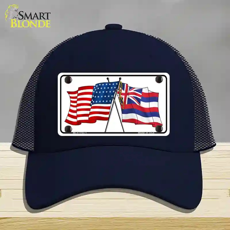 HAT16-MLP-11471 Hawaii Crossed US Flag Novelty License Plate Hat, Mesh - Navy